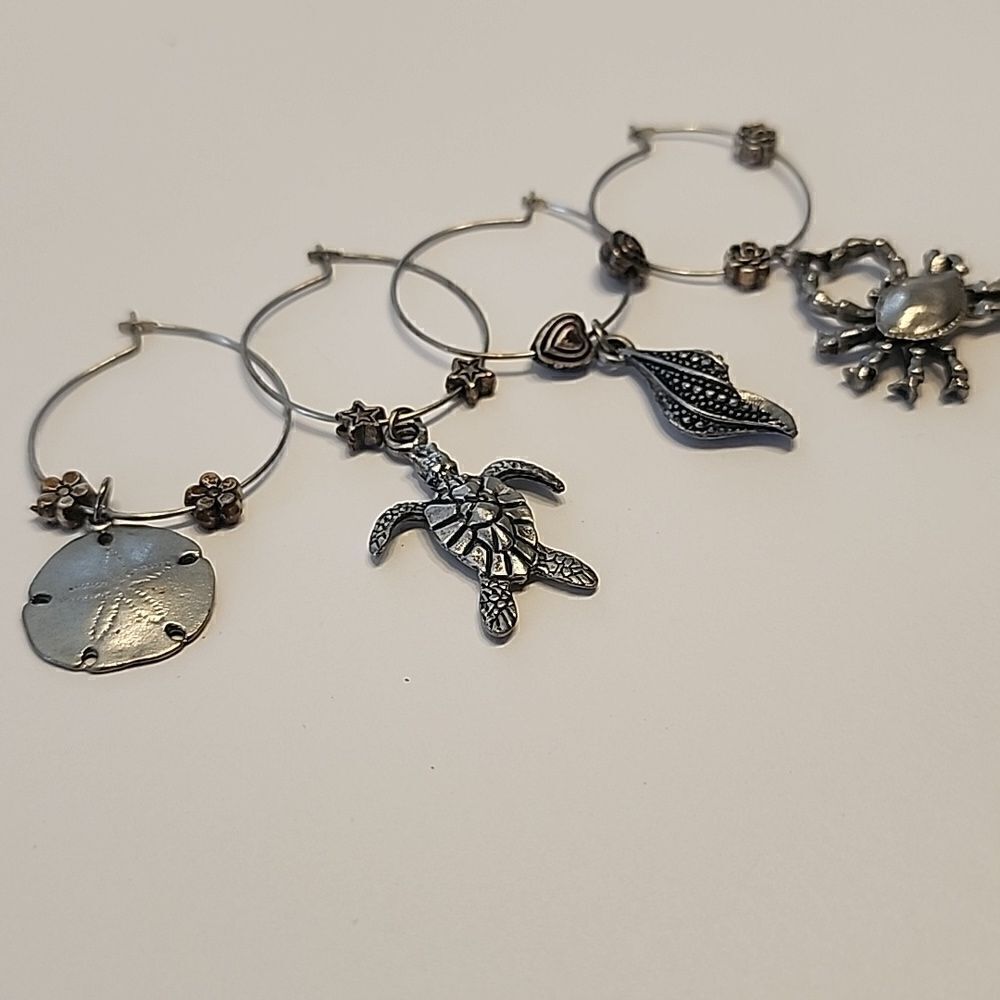 Sea Ocean Wine Glass Charms Theme Turtle Seashell Shell Crab Sand Dollar Silver